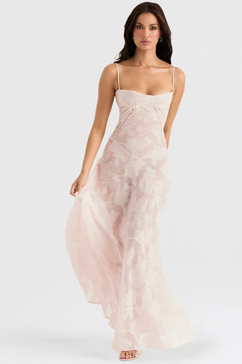 Robe longue femme avec dentelle florale et bretelles fines | ROBEMODE