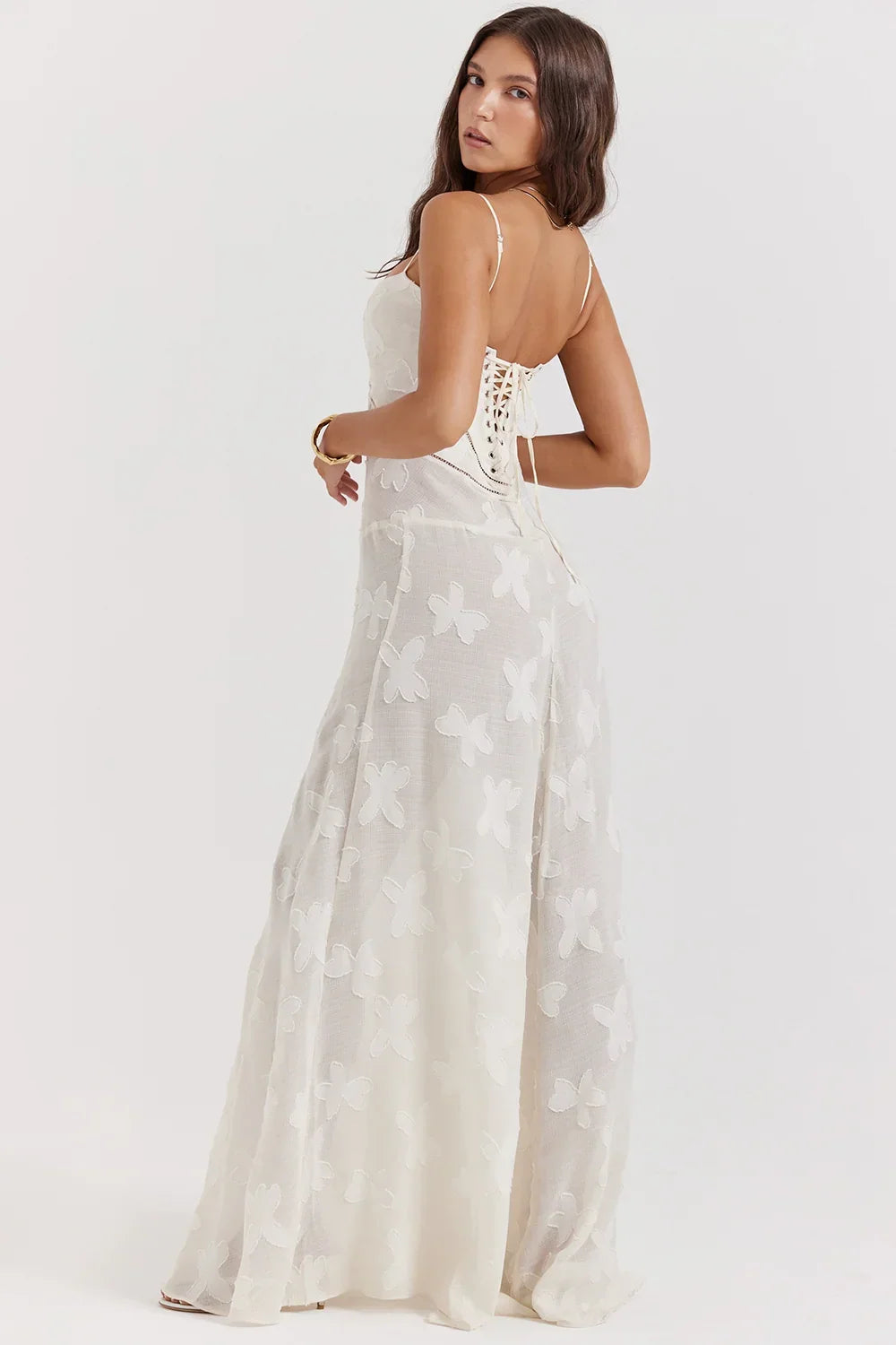Robe longue femme avec dentelle florale et bretelles fines | ROBEMODE