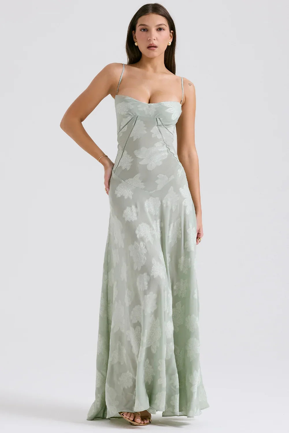 Robe longue femme avec dentelle florale et bretelles fines | ROBEMODE