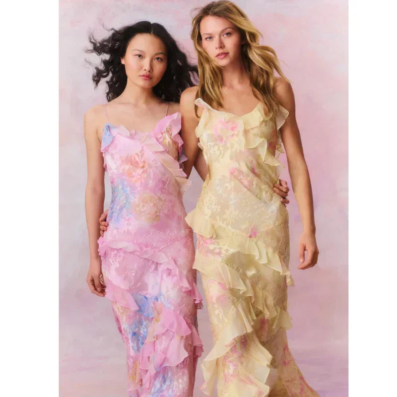 Robe longue volants asymétriques bretelles fines | ROBEMODE