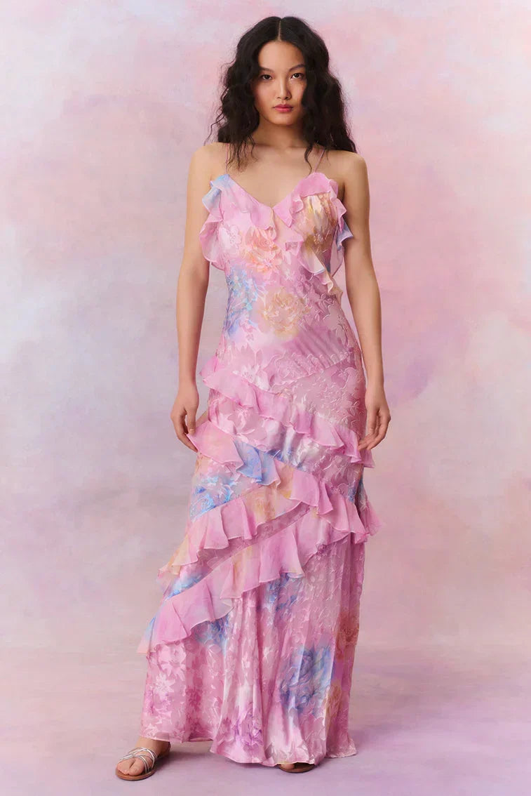 Robe longue volants asymétriques bretelles fines | ROBEMODE