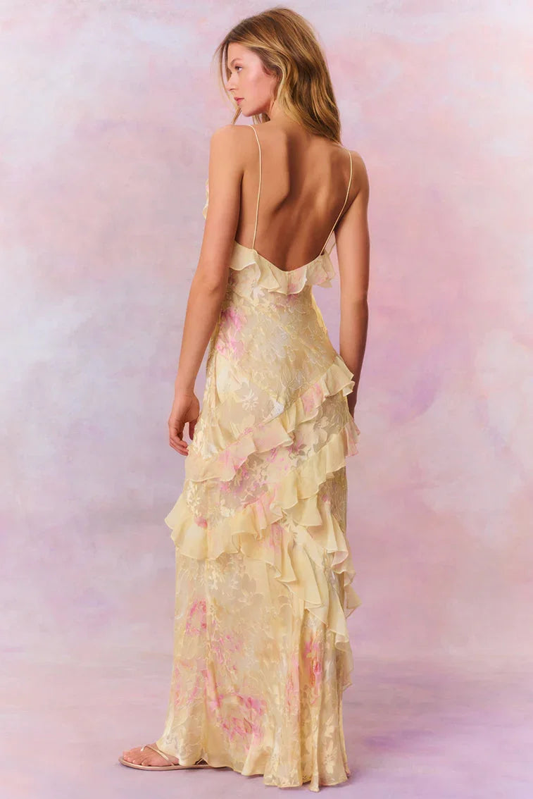 Robe longue volants asymétriques bretelles fines | ROBEMODE