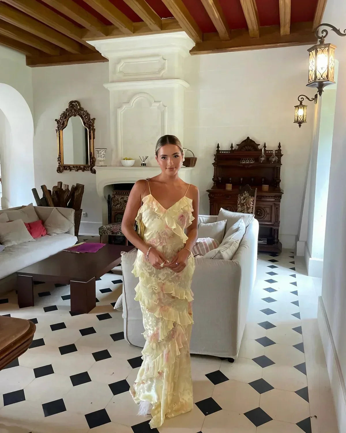 Robe longue volants asymétriques bretelles fines | ROBEMODE