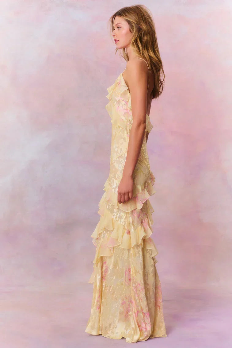 Robe longue volants asymétriques bretelles fines | ROBEMODE