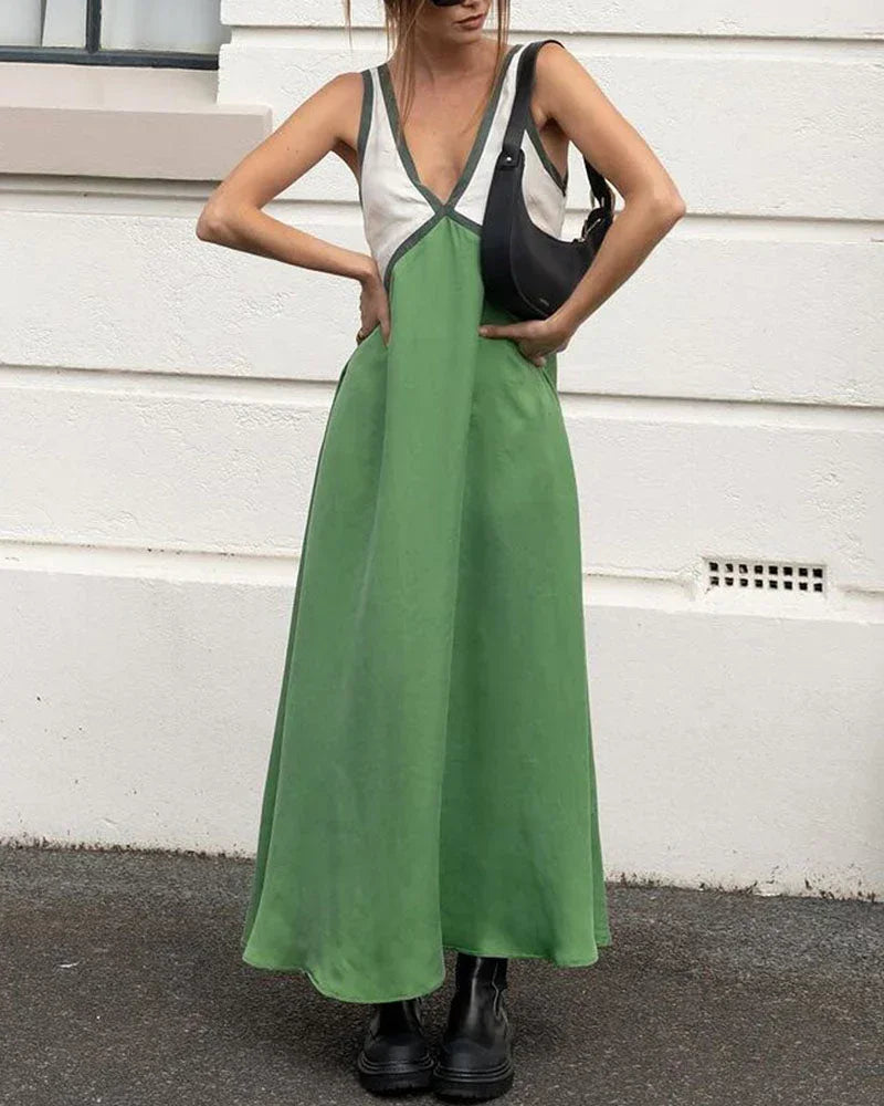 Robe longue femme bicolore à col en V sans manches | Coupe féminine + Style élégant + Facile à accessoiriser – ROBEMODE