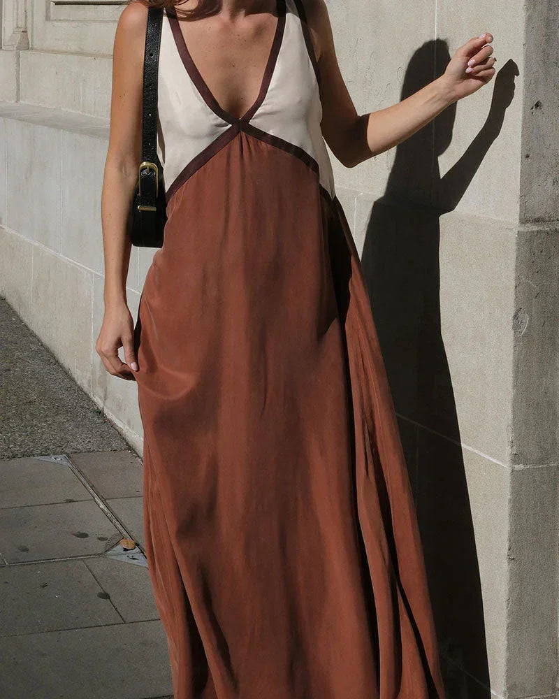 Robe longue femme bicolore à col en V sans manches | Coupe féminine + Style élégant + Facile à accessoiriser – ROBEMODE