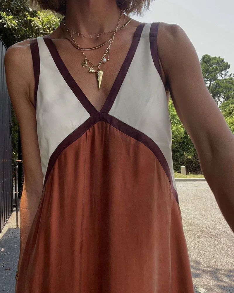 Robe longue femme bicolore à col en V sans manches | Coupe féminine + Style élégant + Facile à accessoiriser – ROBEMODE