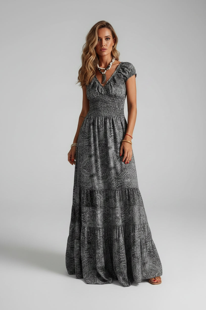 Robe Longue Femme Bohème Volants Col V Manches Courtes 6 Coloris | ROBEMODE