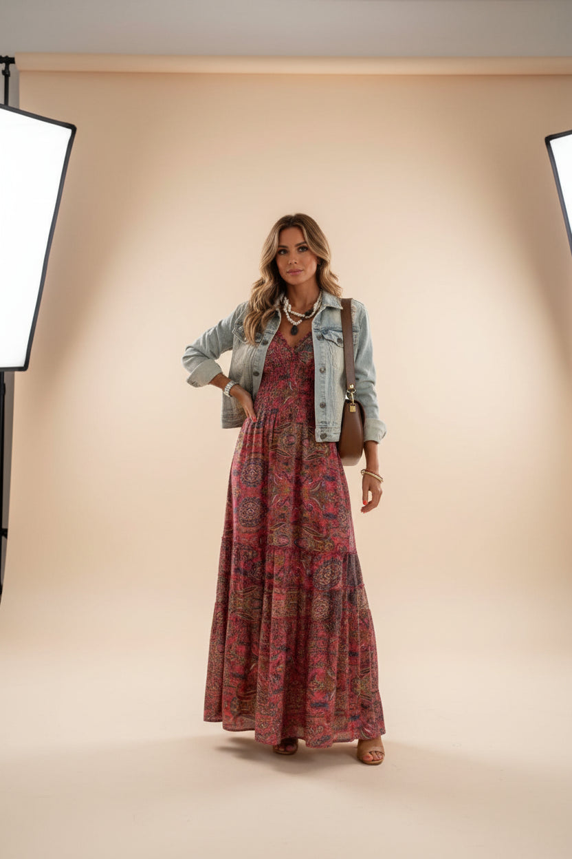 Robe Longue Femme Bohème Volants Col V Manches Courtes 6 Coloris | ROBEMODE