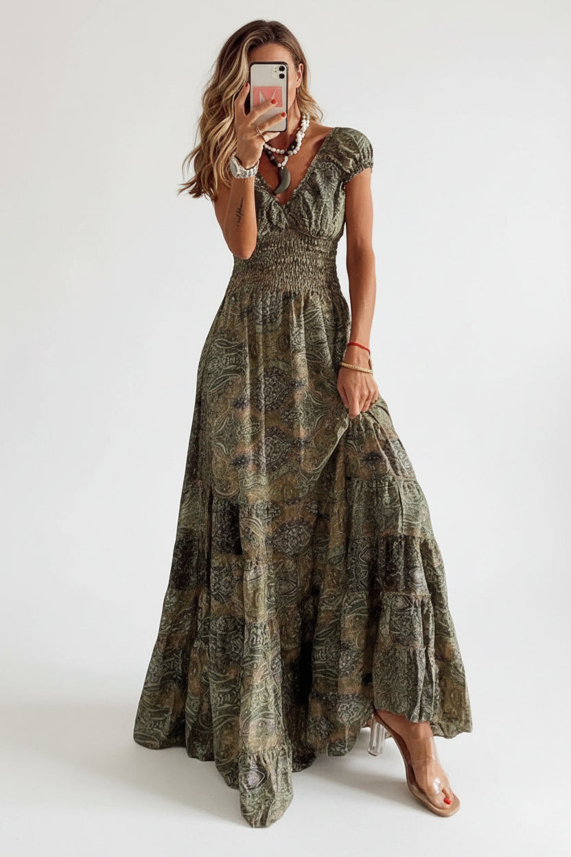 Robe Longue Femme Bohème Volants Col V Manches Courtes 6 Coloris | ROBEMODE