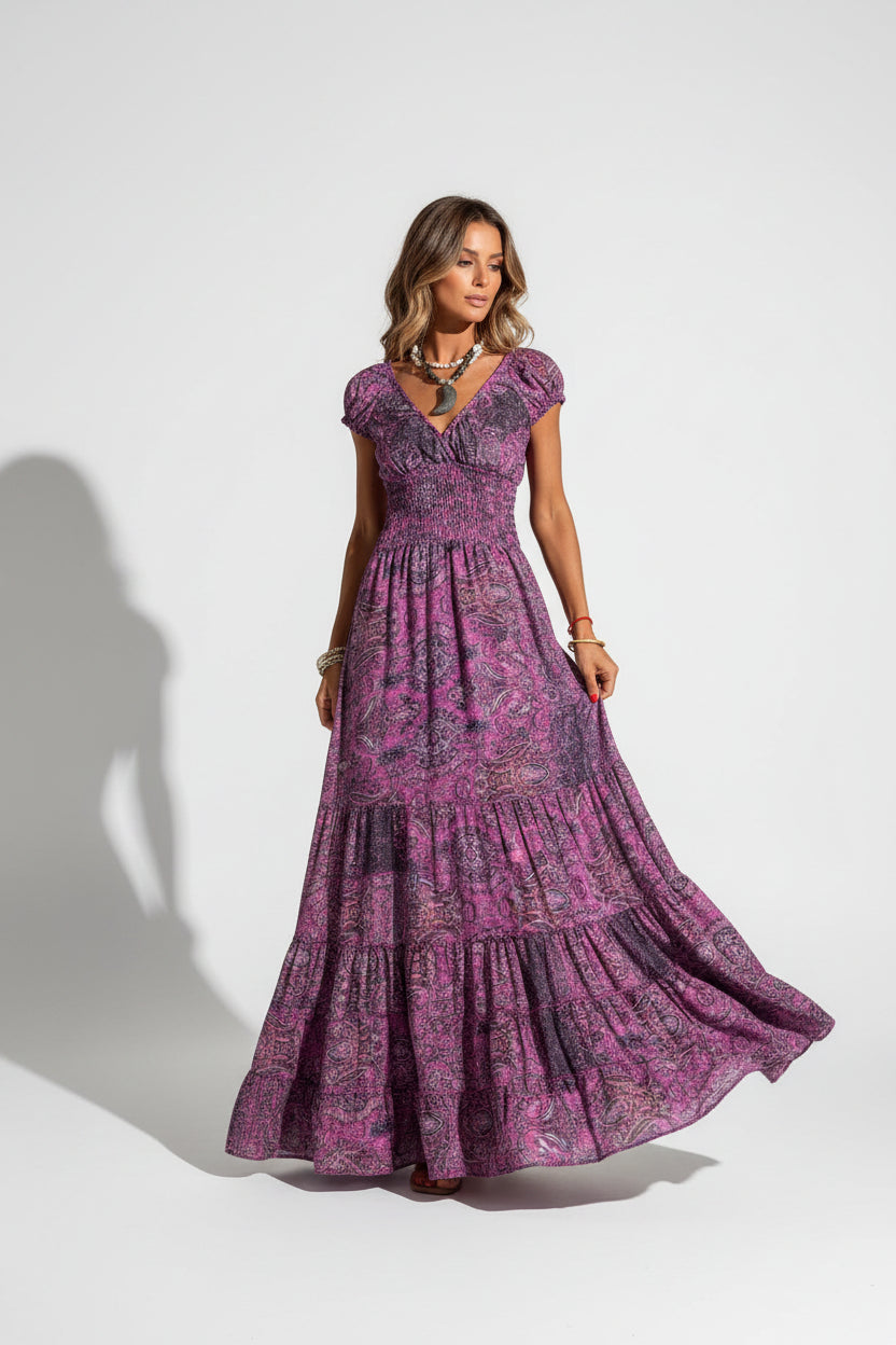Robe Longue Femme Bohème Volants Col V Manches Courtes 6 Coloris | ROBEMODE