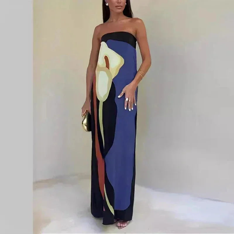 Robe Longue Bustier Motifs Abstraits Fluides 4 Coloris | ROBEMODE