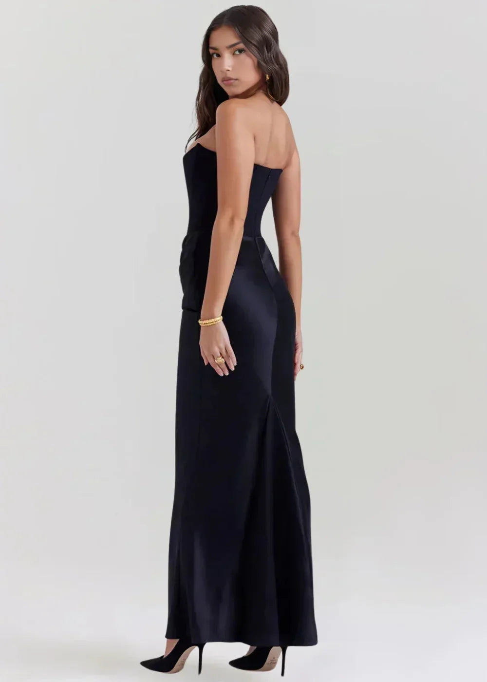 Robe Longue Bustier Froncé Satinée Soirée 5 Coloris | ROBEMODE