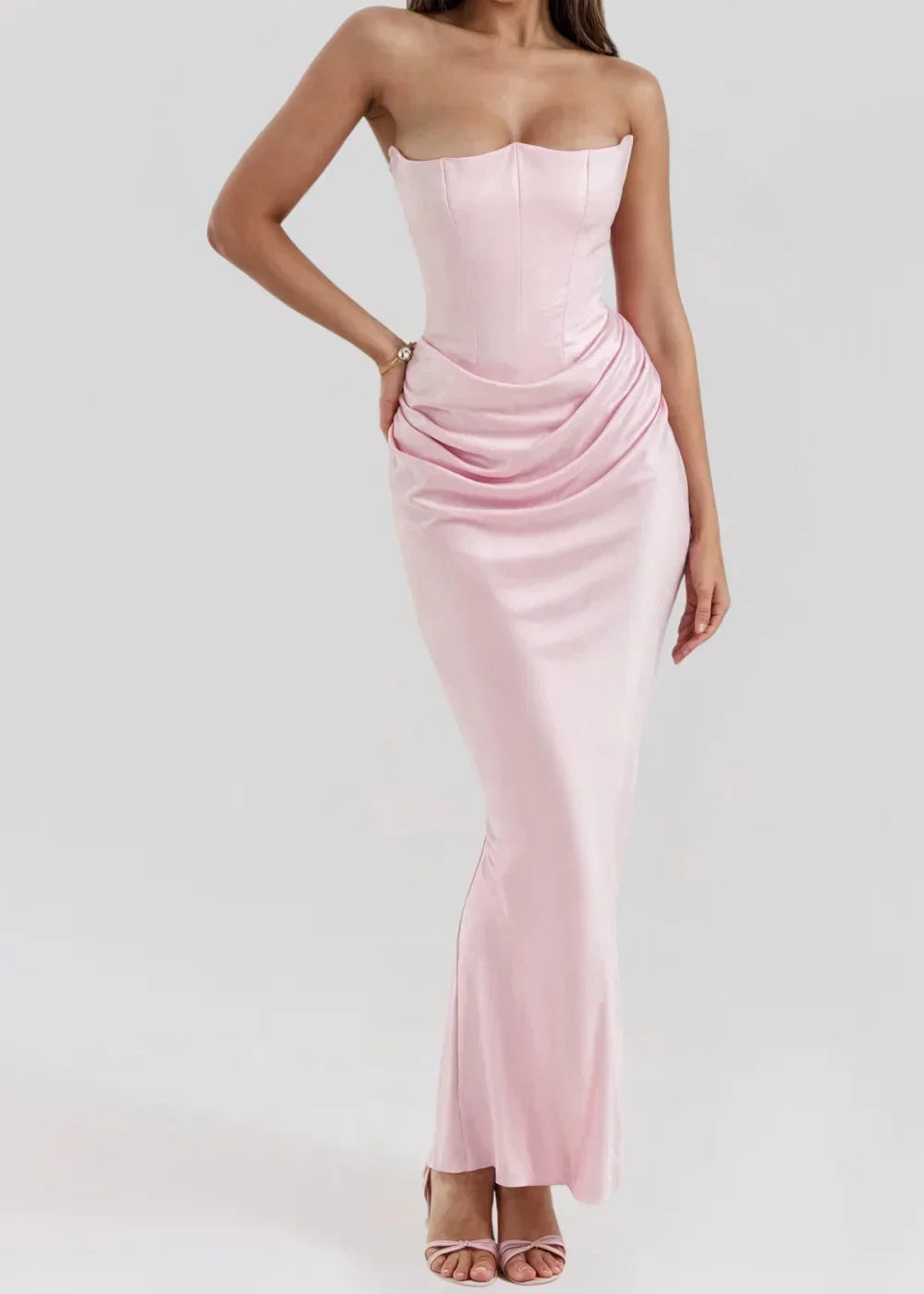 Robe Longue Bustier Froncé Satinée Soirée 5 Coloris | ROBEMODE