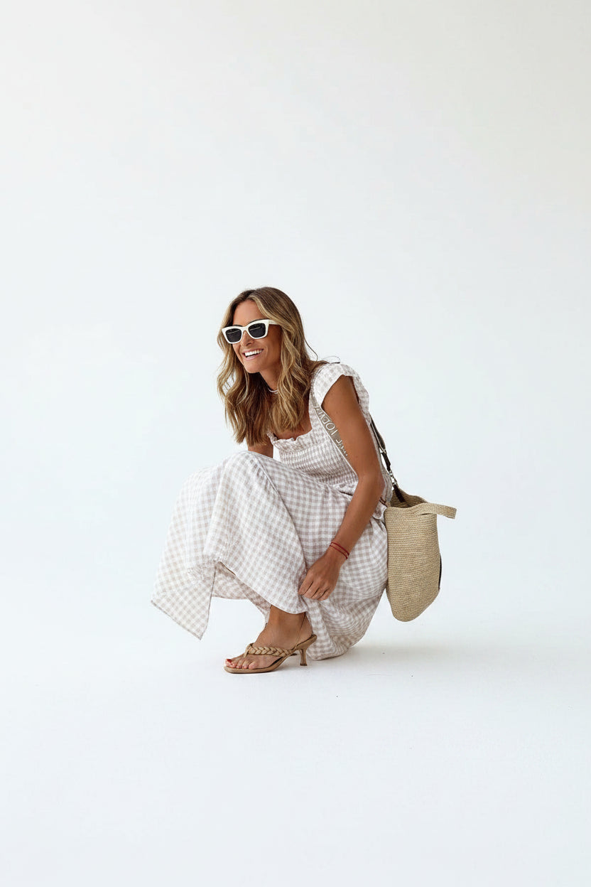 Robe longue à carreaux manches volantées col carré | ROBEMODE