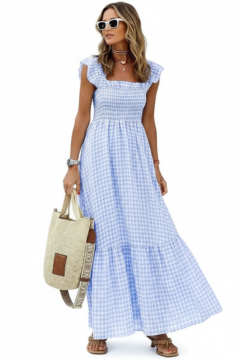 Robe longue à carreaux manches volantées col carré | ROBEMODE