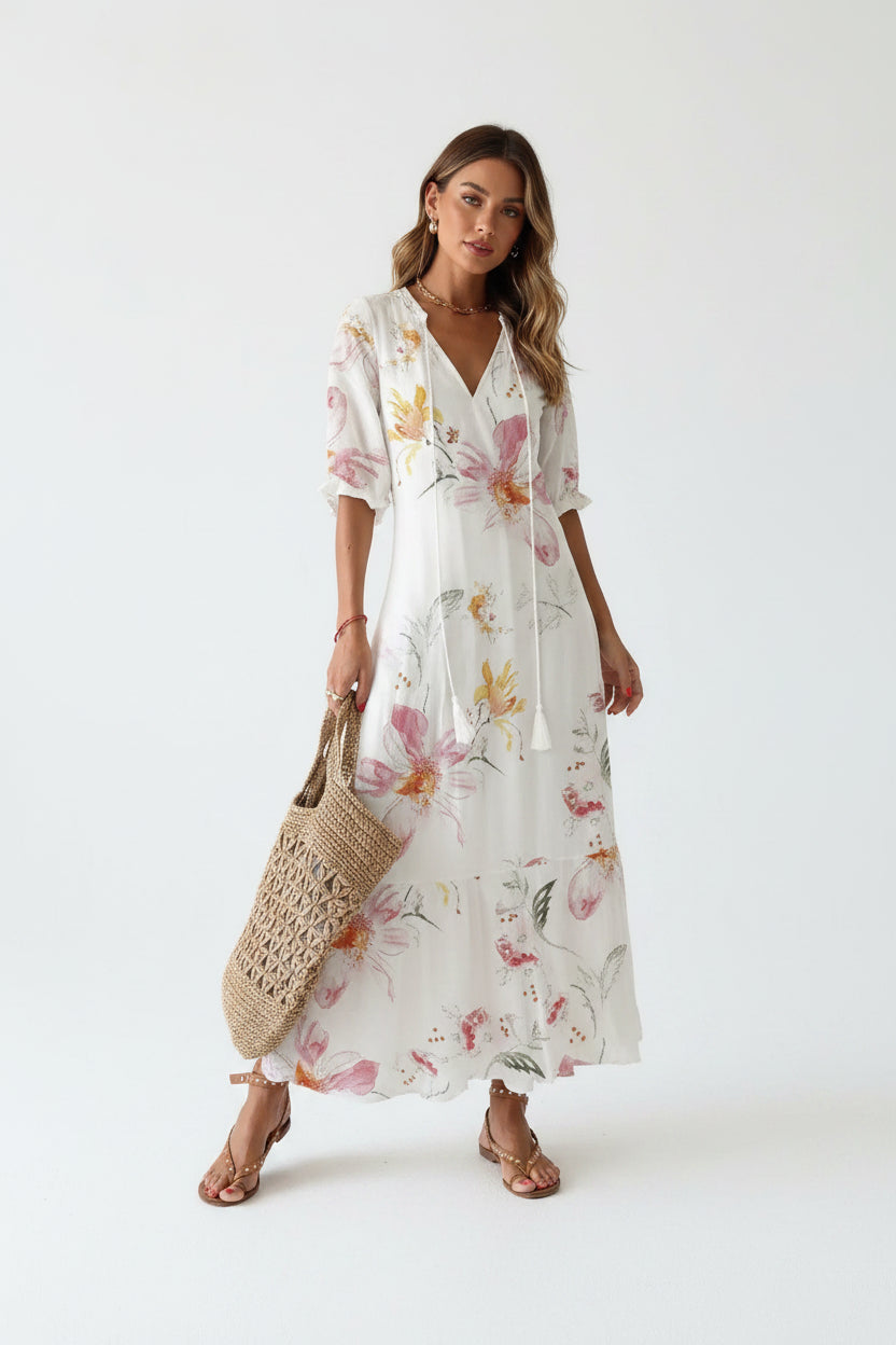 Robe Longue Col V Motifs Floraux 7 Coloris | ROBEMODE