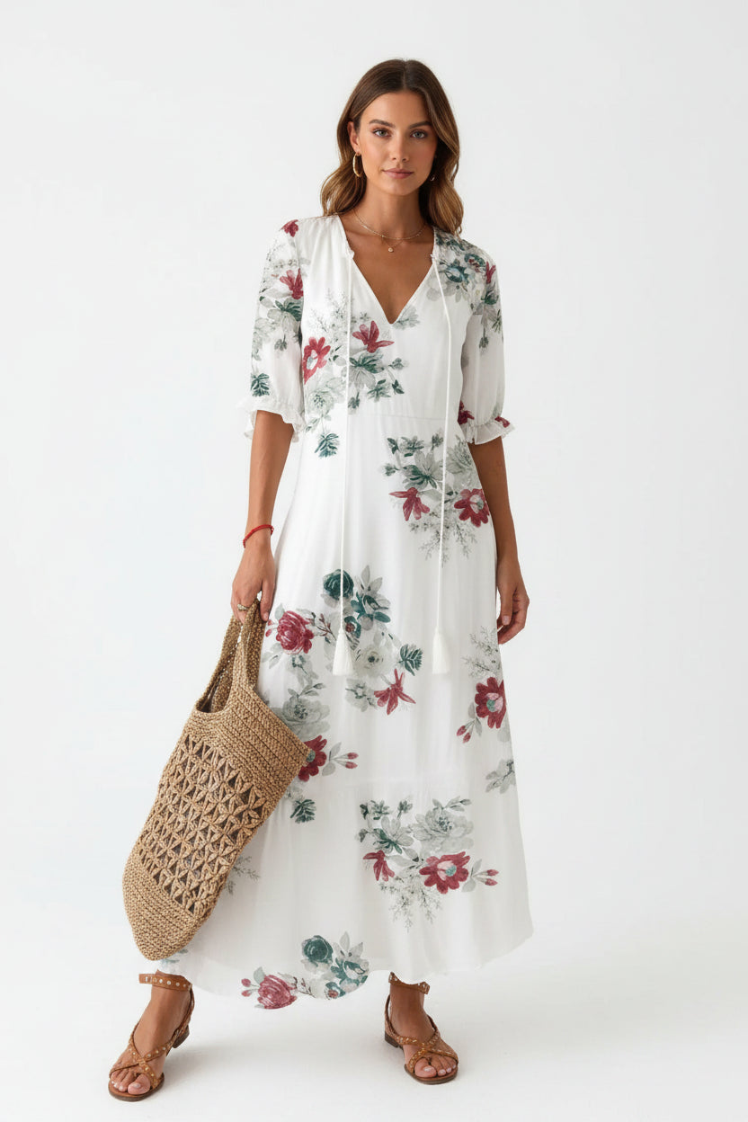 Robe Longue Col V Motifs Floraux 7 Coloris | ROBEMODE