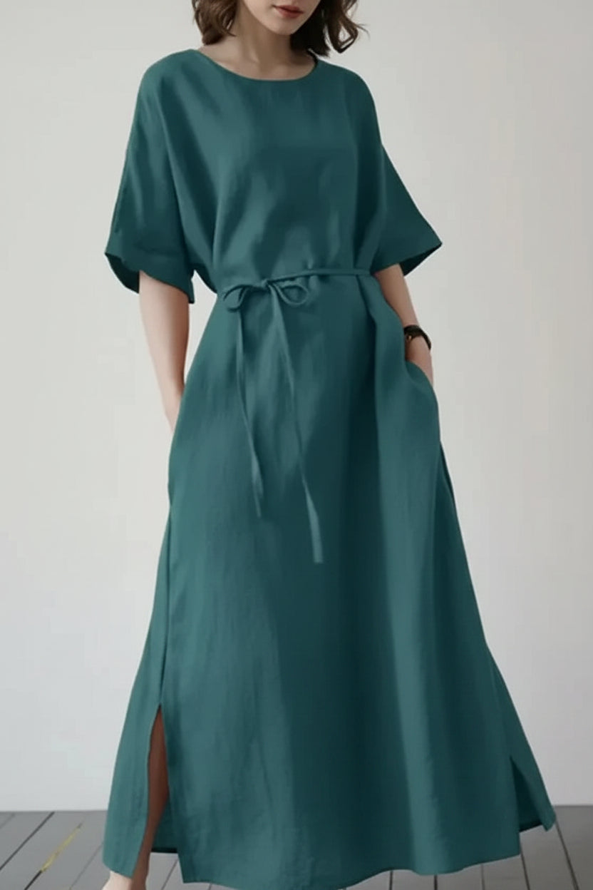 Robe Longue Femme Col Rond Ceinture Ajustable 3 Coloris | ROBEMODE