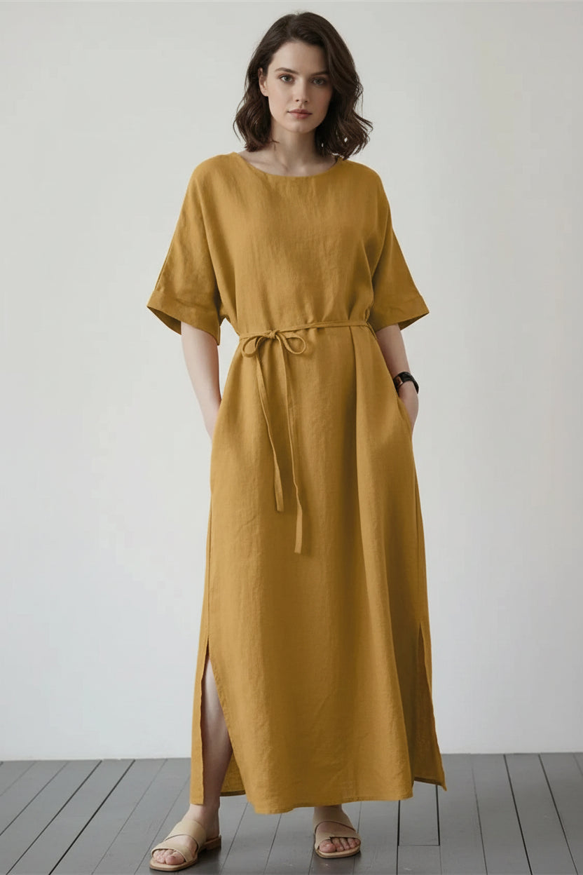 Robe Longue Femme Col Rond Ceinture Ajustable 3 Coloris | ROBEMODE