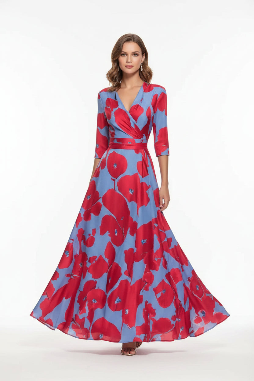 Robe Longue Femme Col V Imprimé Floral Ceinture et Fentes | ROBEMODE