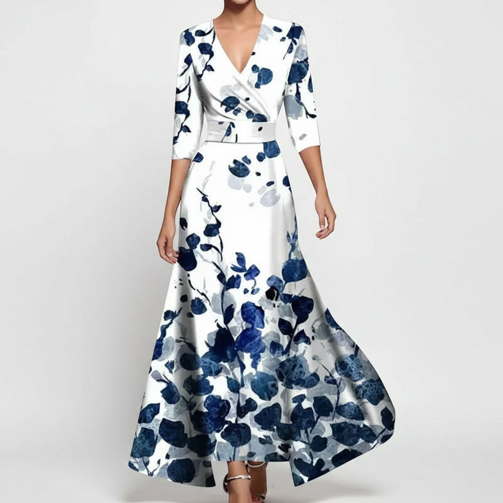 Robe Longue Femme Col V Imprimé Floral Ceinture et Fentes | ROBEMODE
