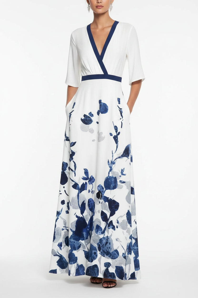 Robe Longue Femme Col V Imprimé Floral Ceinture et Fentes | ROBEMODE