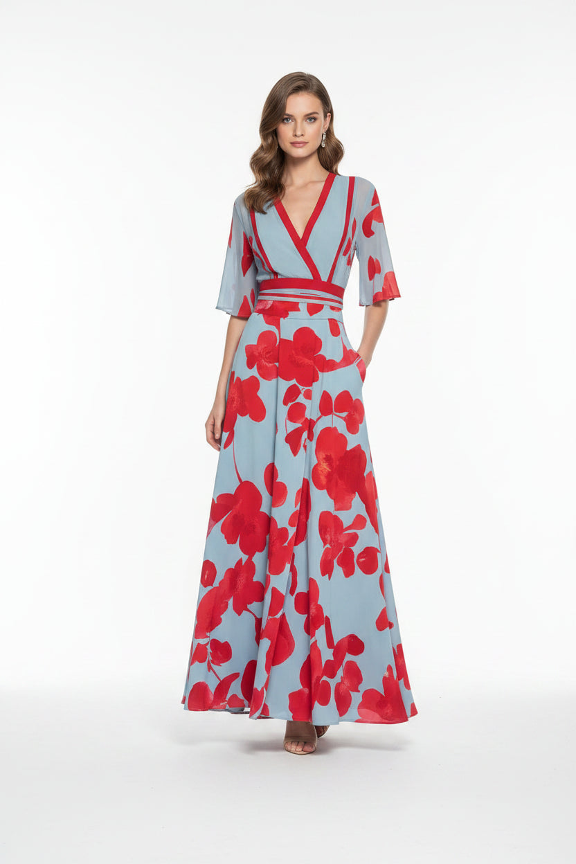 Robe Longue Femme Col V Imprimé Floral Ceinture et Fentes | ROBEMODE