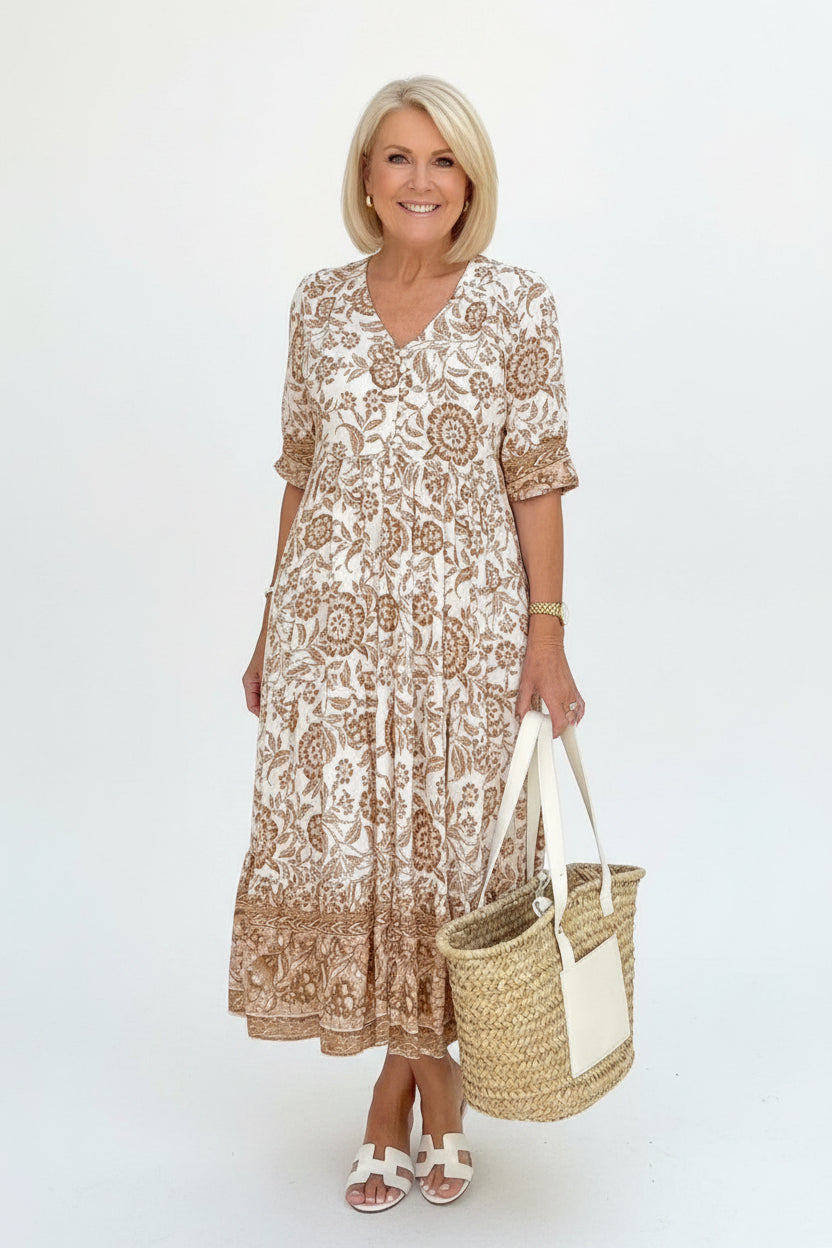 Robe Longue Femme Florale Col V | 5 Coloris + Manches Courtes + Légère Estivale | ROBEMODE