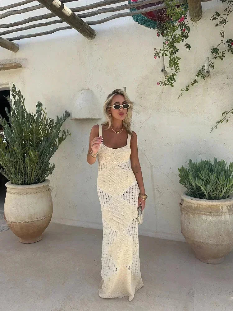 Robe longue femme crème sans manches à motif ajouré | Coupe féminine + Style élégant + Facile à accessoiriser – ROBEMODE