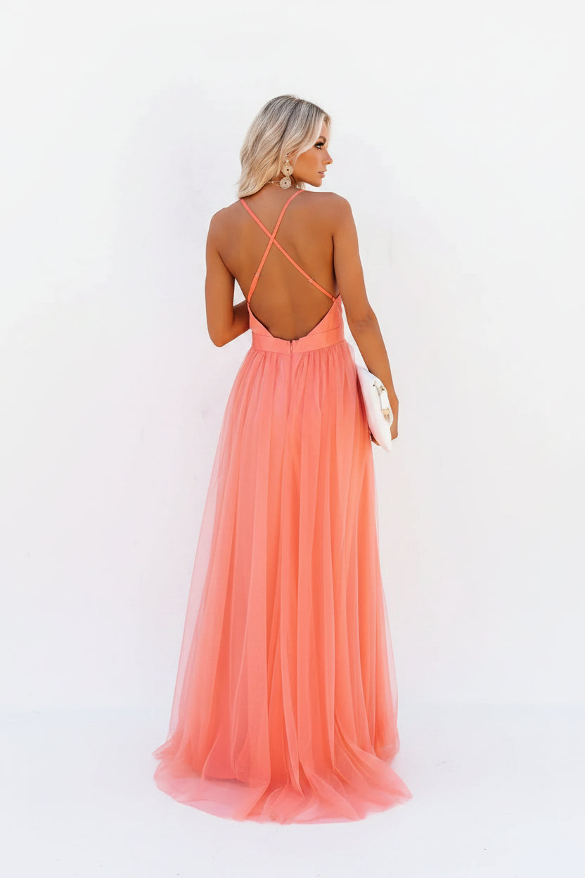 Robe longue femme dos nu orange bretelles fines | Coupe féminine + Style élégant + Facile à accessoiriser – ROBEMODE