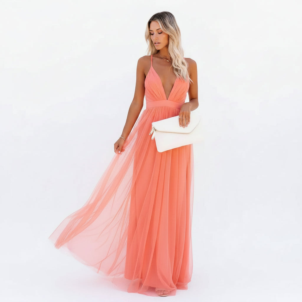 Robe longue femme dos nu orange bretelles fines | Coupe féminine + Style élégant + Facile à accessoiriser – ROBEMODE