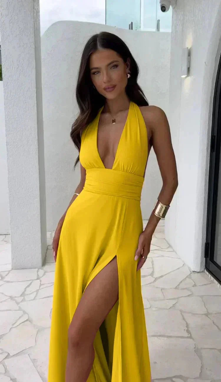 Robe Longue Encolure Plongeante Fente Élégante 5 Coloris | ROBEMODE