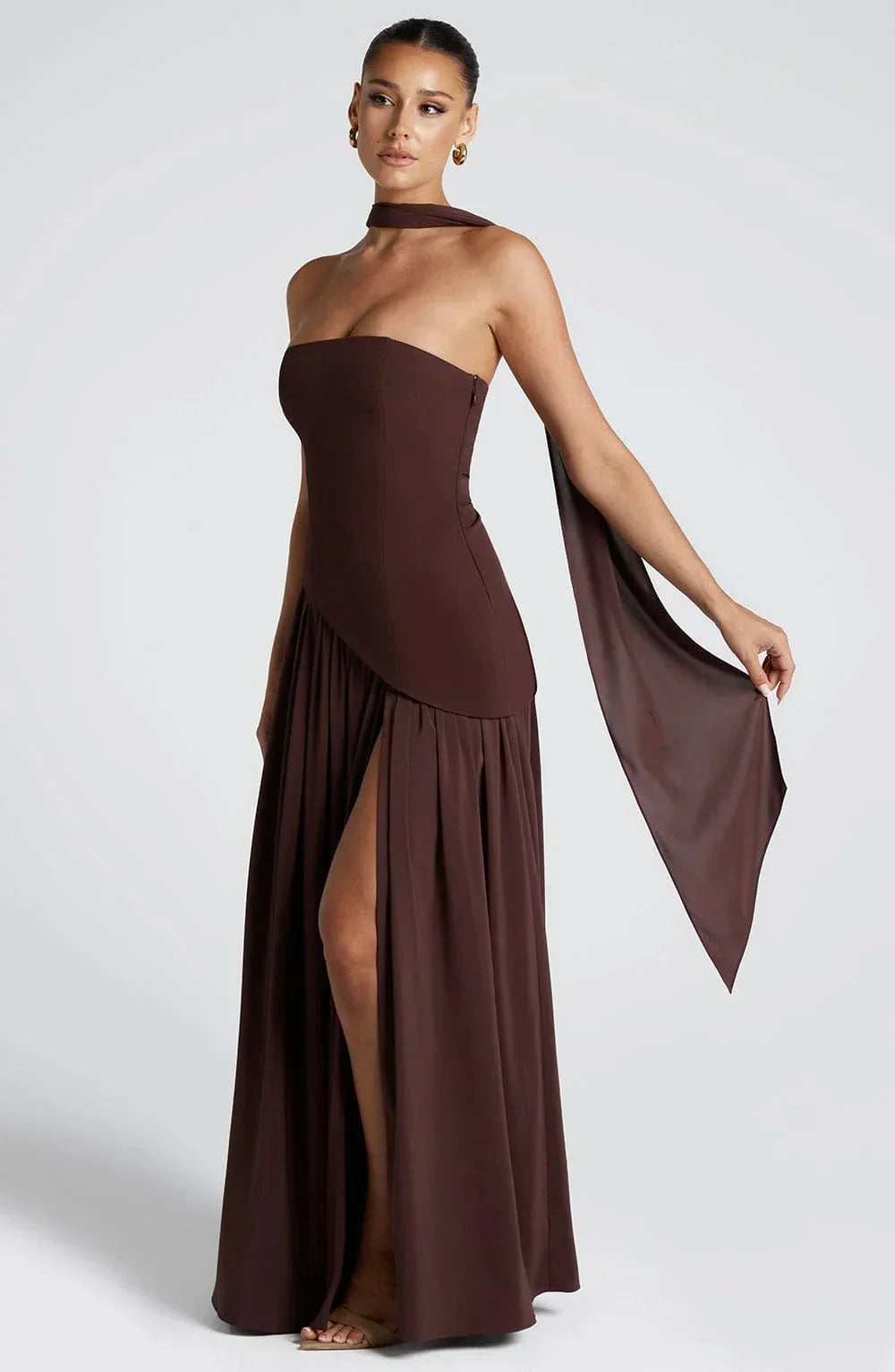 Robe longue femme fendue avec echarpe | ROBEMODE