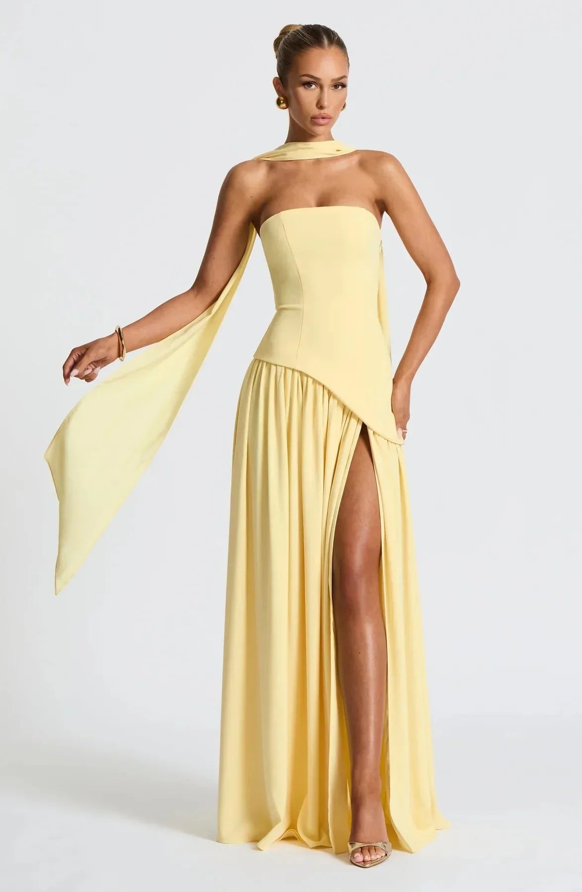 Robe longue femme fendue avec echarpe | ROBEMODE