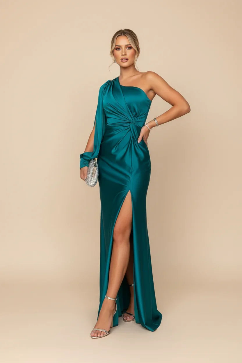 Robe longue fendue en satin asymétrique | ROBEMODE