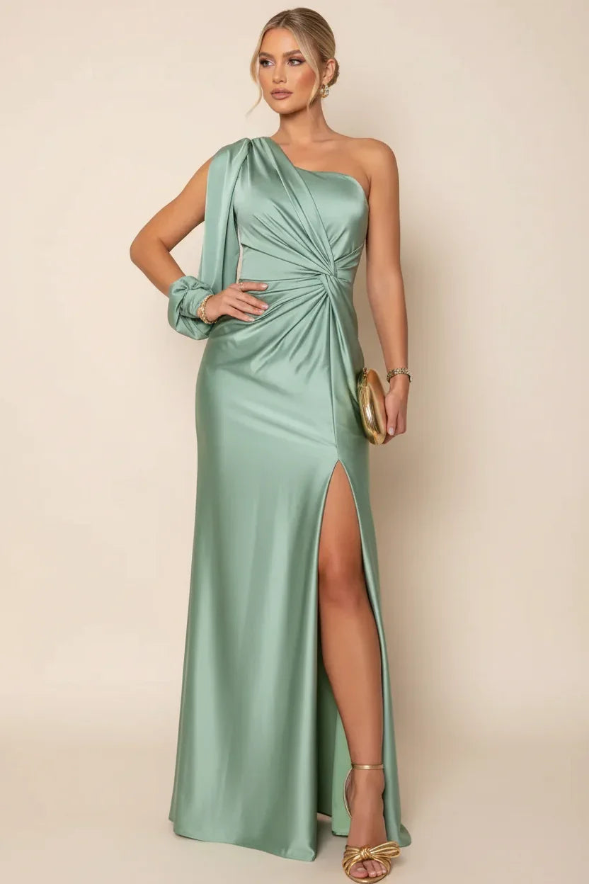 Robe longue fendue en satin asymétrique | ROBEMODE
