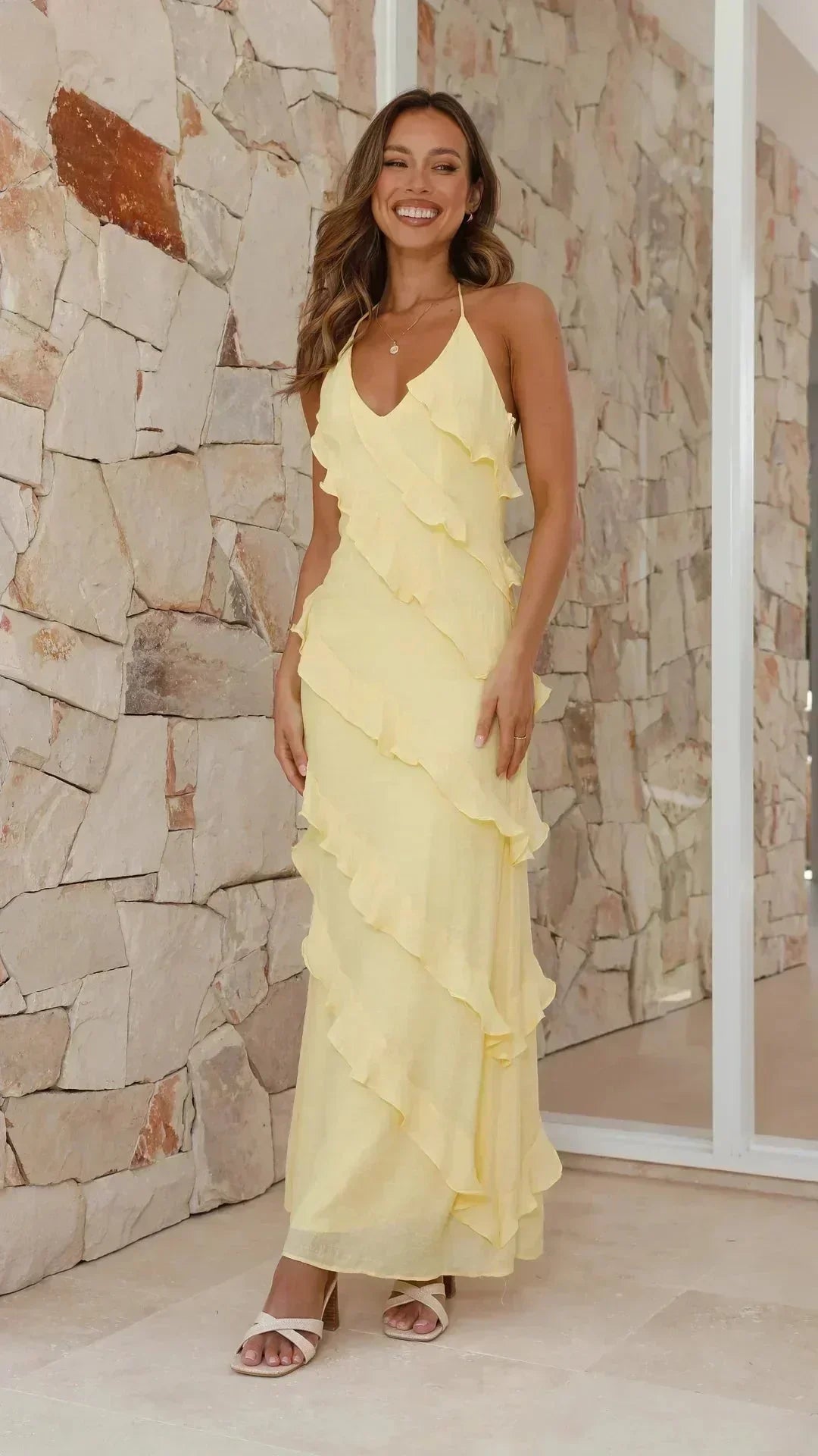 Robe longue femme fluide avec volants col en V | Coupe féminine + Style élégant + Facile à accessoiriser – ROBEMODE