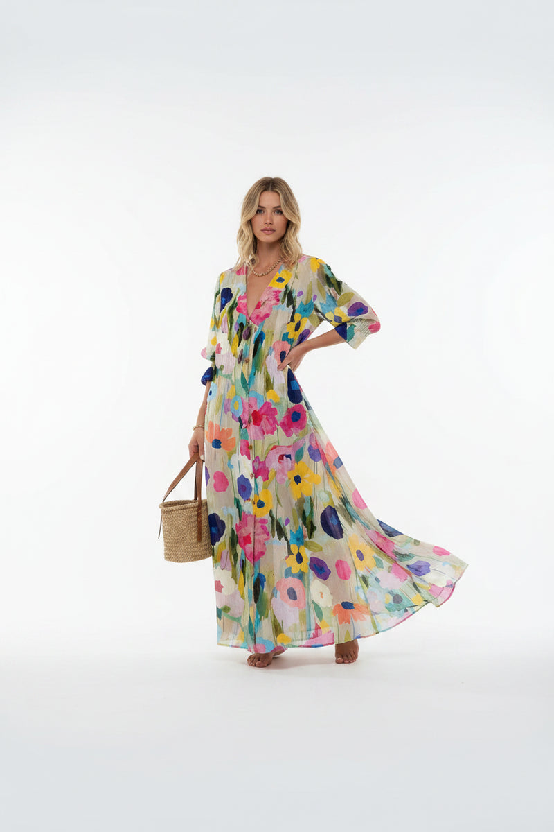 Robe longue femme imprimé floral col V manches mi-longues | Coupe féminine + Style élégant + Facile à accessoiriser – ROBEMODE
