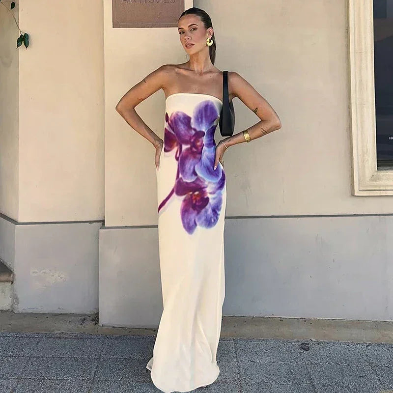 Robe longue femme imprimé floral violet sans bretelles | Coupe féminine + Style élégant + Facile à accessoiriser – ROBEMODE