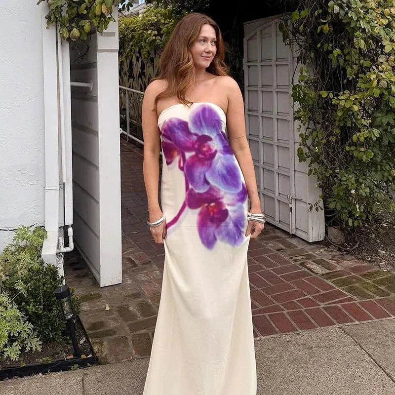 Robe longue femme imprimé floral violet sans bretelles | Coupe féminine + Style élégant + Facile à accessoiriser – ROBEMODE