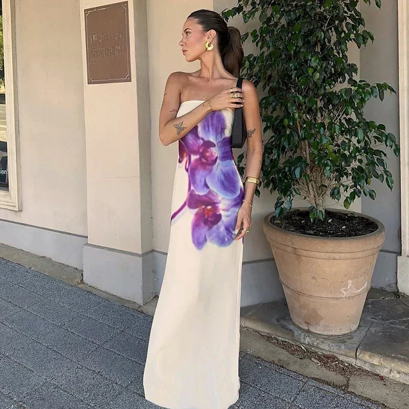 Robe longue femme imprimé floral violet sans bretelles | Coupe féminine + Style élégant + Facile à accessoiriser – ROBEMODE