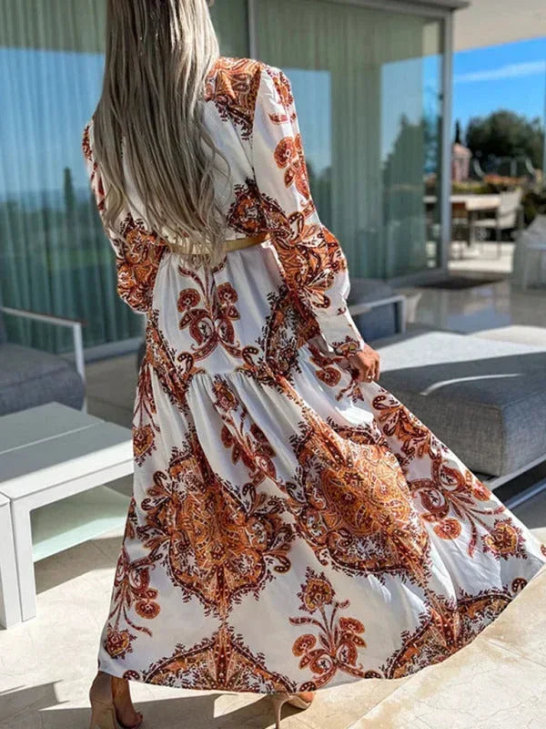 Robe longue femme imprimée avec fente haute et col V | ROBEMODE