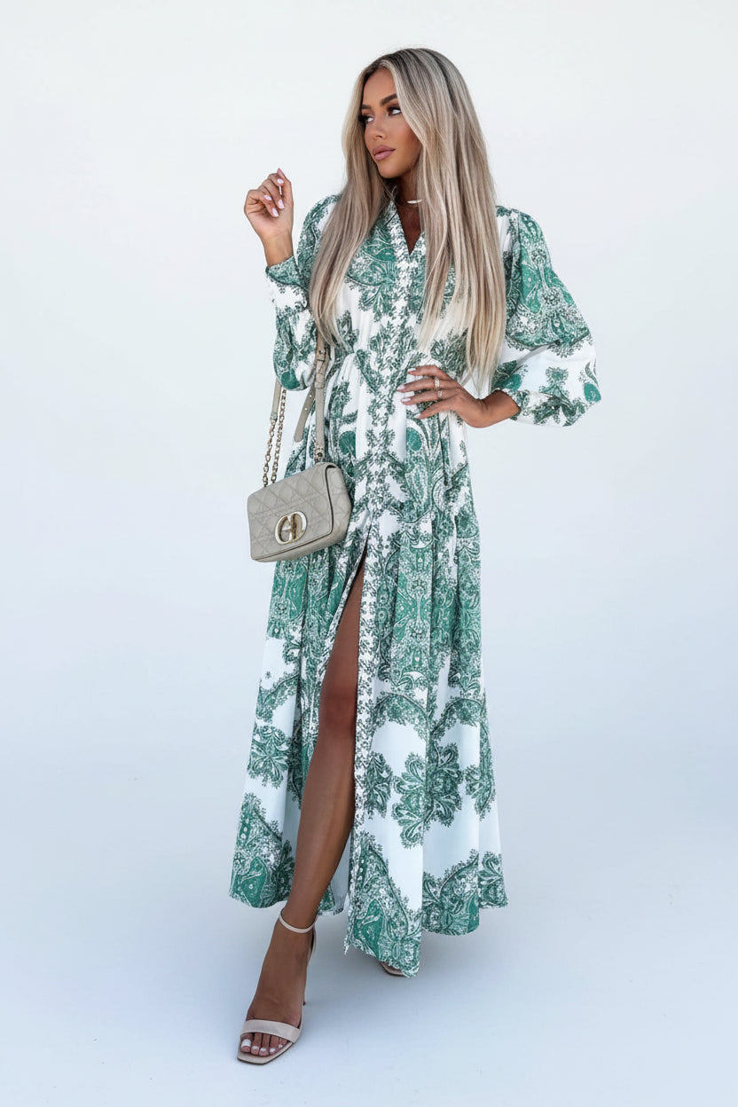 Robe longue femme imprimée avec fente haute et col V | ROBEMODE