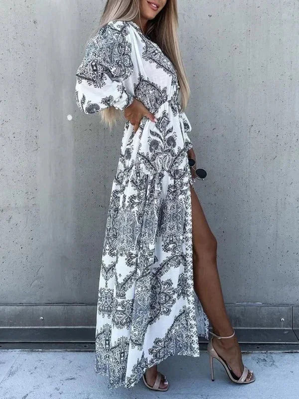 Robe longue femme imprimée avec fente haute et col V | ROBEMODE