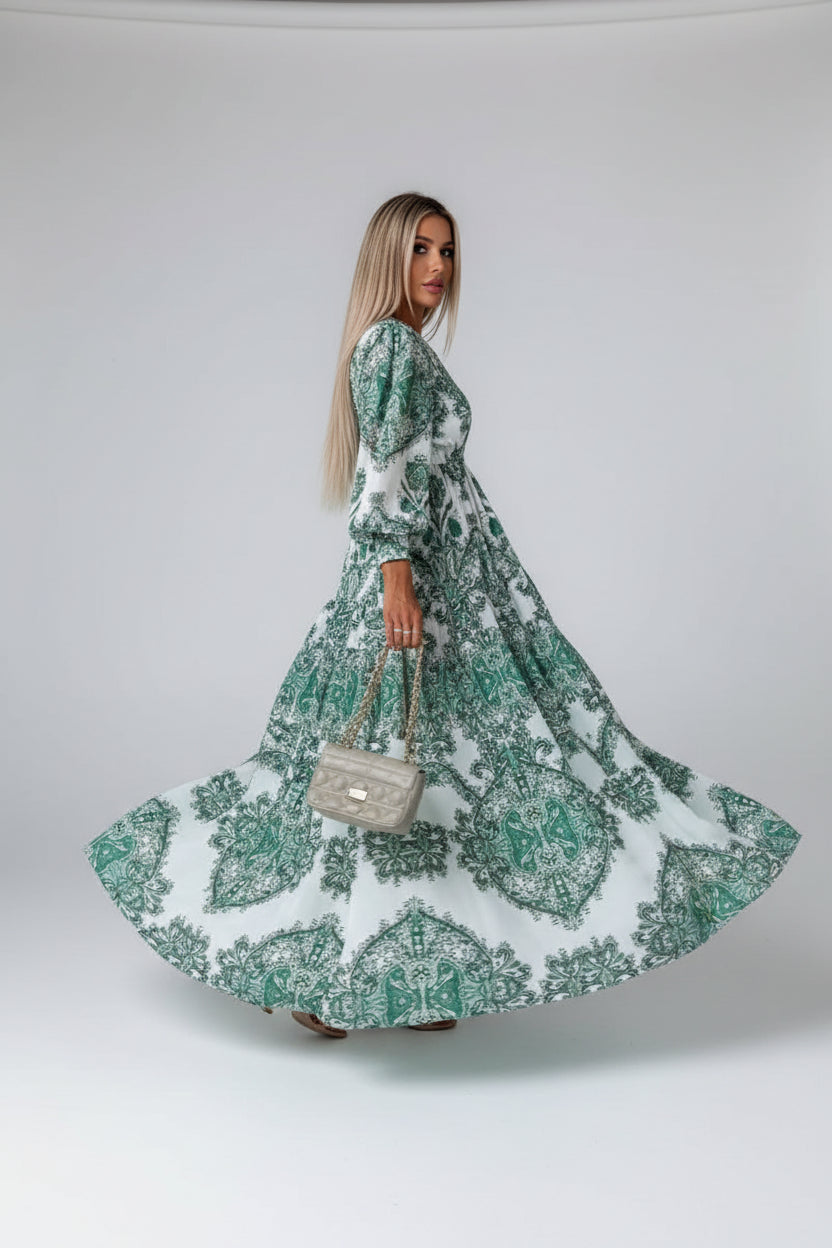 Robe longue femme imprimée avec fente haute et col V | ROBEMODE