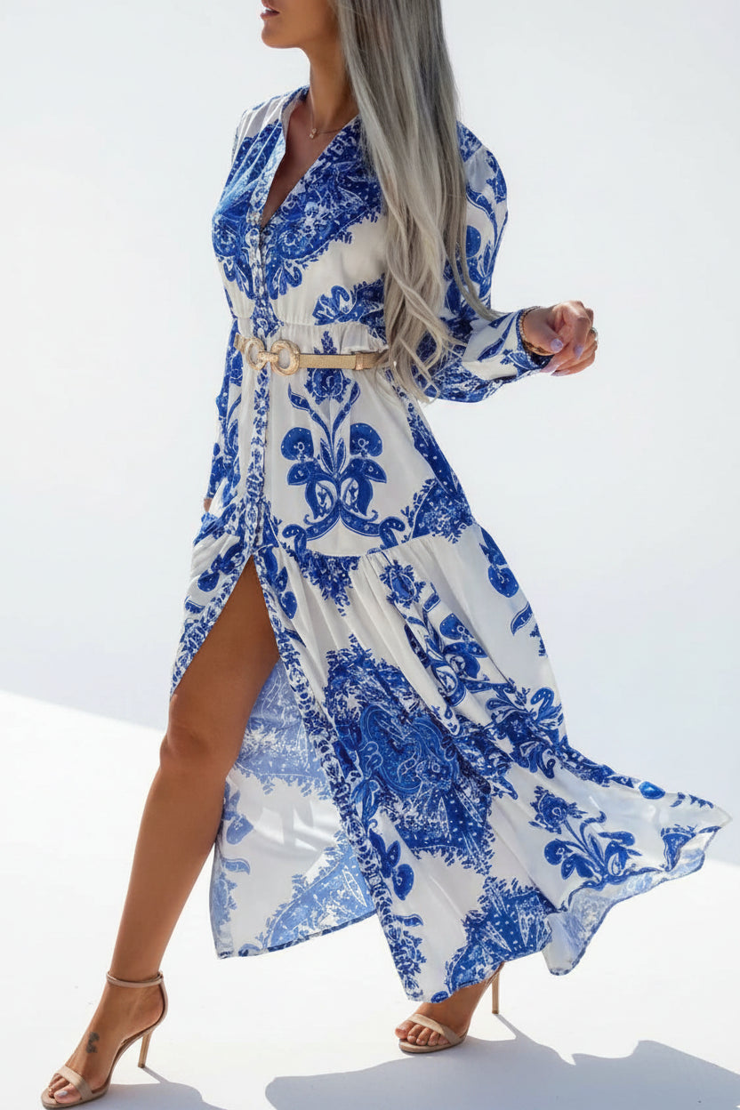 Robe longue femme imprimée avec fente haute et col V | ROBEMODE