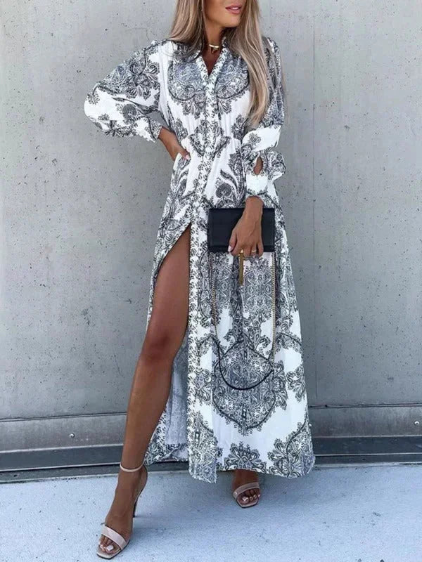 Robe longue femme imprimée avec fente haute et col V | ROBEMODE