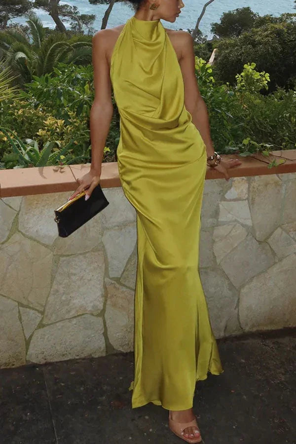 Robe longue femme jaune citron avec col drapé | Coupe féminine + Style élégant + Facile à accessoiriser – ROBEMODE