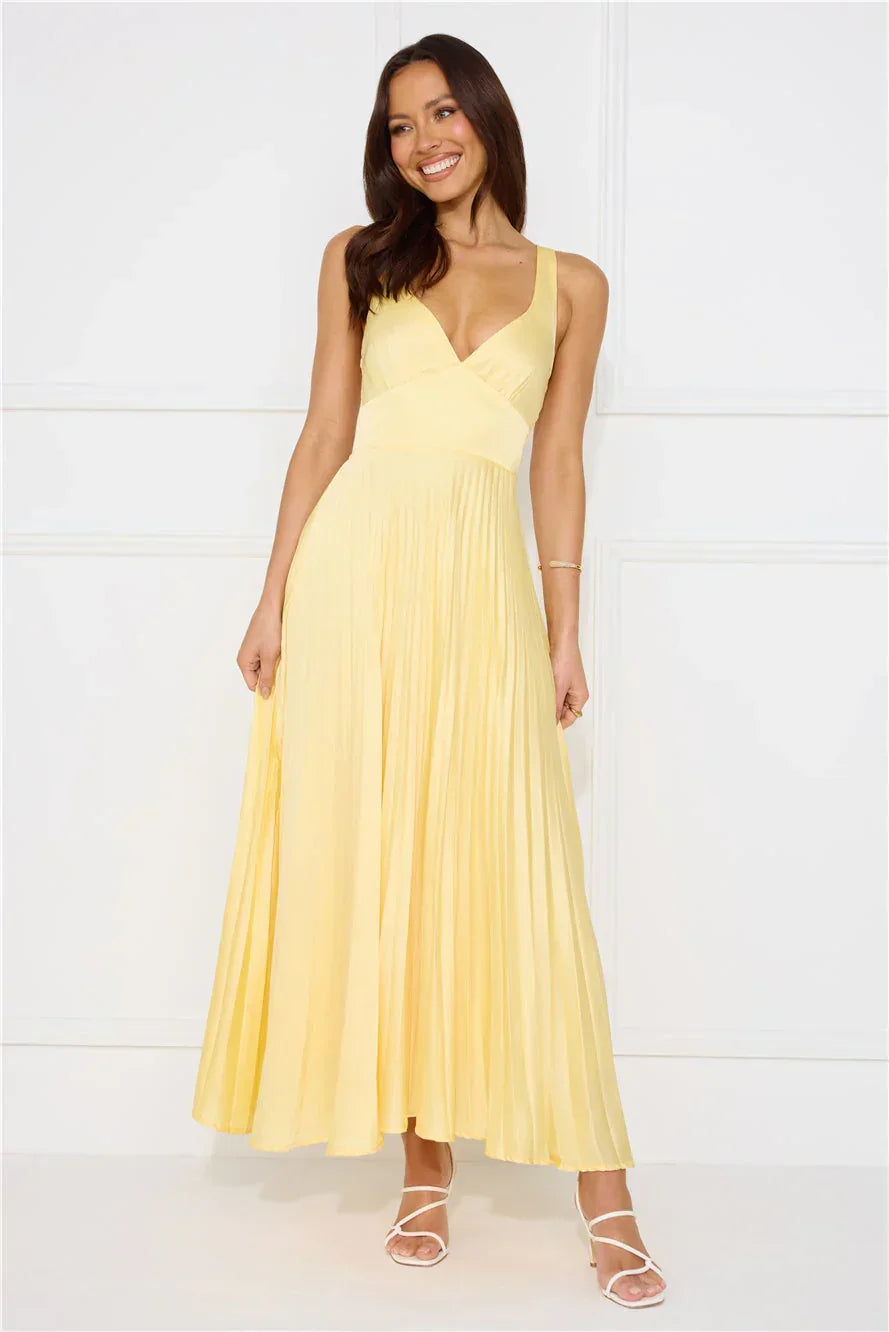 Robe longue femme jaune plissee | Coupe féminine + Style élégant + Facile à accessoiriser – ROBEMODE